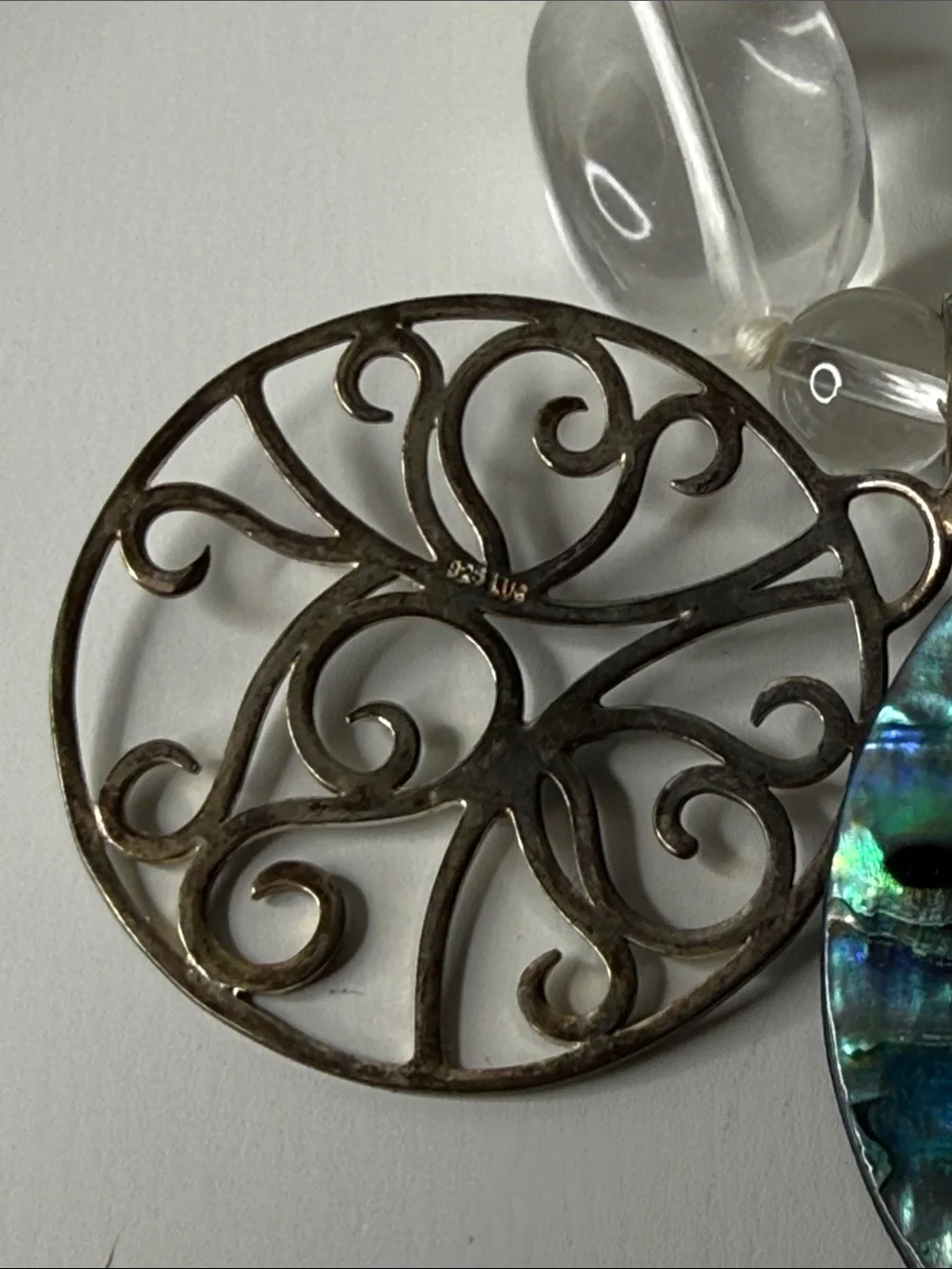 Sterling silver 925 artisan Clear Glass Bead Necklace Abalone Pendant runway